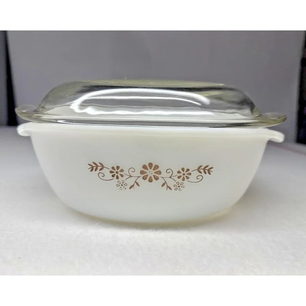 Dynaware Pyr-O-Rey Milk Glass Covered Casserole Brown Floral MCM Vintage
